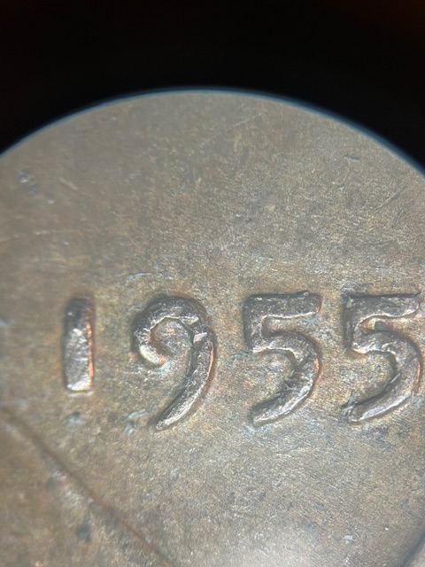 Lincoln-Cents-1955--Die-Chip-On-T-&-The-Wheat--Leave